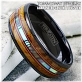 Black Tungsten Whiskey Barrel Wood Abalone & Dual Guitar String Men's Ring