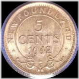 Newfoundland 1942-C 5 Cents Silver Coin - High Grade #0364