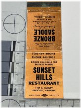 Sunset Hills Restaurant Matchbook Cover - Prescott, AZ