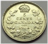 Canadian Silver Five Cents Coin from 1906