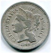 US Three Cent Nickel 1866 - Pitted with Good Details