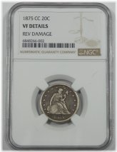 Silver 20-Cents from 1875-CC with VF Details