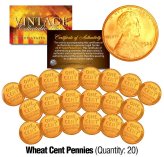 1930's Lincoln Head Wheat Cent Penny Coins (24K Gold Plated) - Set of 20