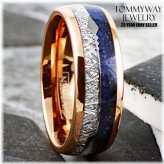 Galactic Blue Tungsten Men's Ring with Rose Gold Plating and Meteorite Inlay