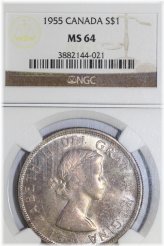 1955 Canada $1 Silver Dollar - Rainbow Toned MS64