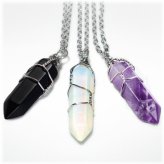 Gemstone Wire Necklace with Crystal Pendant and Chain