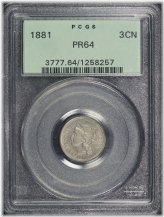 1881 Three Cent Nickel PCGS PR-64 Old Green Holder