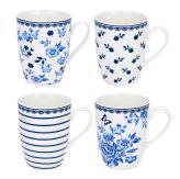 Blue White Porcelain Floral Mismatched Coffee Mugs Set