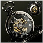 Retro Steampunk Skeleton Pocket Watch - Black Mechanical Design with Chain