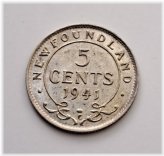 New Foundland 1941 5 Cents .925 Silver Coin