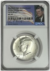 Silver High Relief 50th Anniversary Kennedy Coin (NGC SP70, 2014, Signature Label)