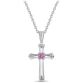 Petite Pink CZ Rhodium Cross Pendant Necklace