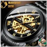 Gold Tone Skeleton Automatic Mechanical Wristwatch - Men's Luxury Stainless Steel