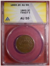 Fancy 5" ANACS AU55 Two-Cent Piece (1865)