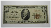 Fort Scott Kansas $10 National Currency Banknote (1929) - Charter #3175 VF
