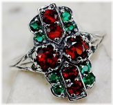Emerald & Garnet Sterling Silver Art Nouveau Ring