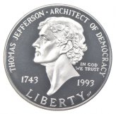 Democracy Tribute: 1993 Proof Thomas Jefferson Silver Dollar