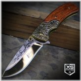 Ornate Cowboy Pocket Knife with Wood Handle and Golden Blade