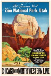 Zion National Park 1950s Vintage Style Travel Poster - 16x24 Print