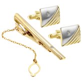 Modish Gold-Tone Cufflink and Tie Bar Set with CZ Accents