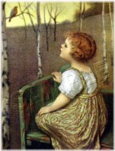 Melodic Moments" Vintage Art Print of a Blind Girl, Robin Bird and Blossoming Tree on Canvas