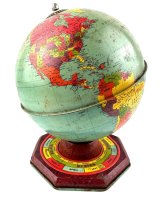 Vintage Tin World Globe with Country Capitals Displaying Age