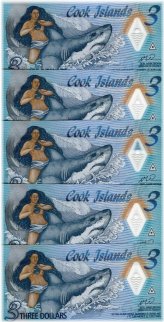 Cook Islands $3 2021 Naked Ina & Shark Polymer Banknotes - Lot of 5, AA-Prefix UNC