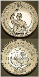 Nolan Ryan 1993 Liberia $1 Uncirculated Coin - 7th No-Hitter