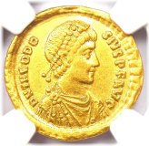 Theodosius I Gold Solidus - 379 AD - NGC AU - 5/5 Strike