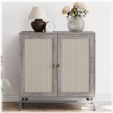 Rattan-Adorned Gray Cabinet