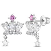 CZ Dangle Crown and Star Earrings for Kids - Sterling Silver with Screw Back