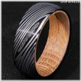 Whiskey Barrel Wood Sleeve Damascus Steel Ring