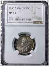 1936 Canadian Silver Quarter in Choice UNC Condition