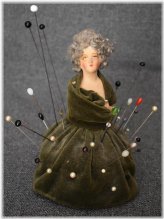 Antique Half Doll Pin Cushion with Original Hair and Painted Face
