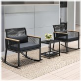 Wicker Rocking Chair Bistro Set with Wood Armrests