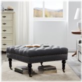 Charcoal Tufted Nailhead Ottoman with Wheels - Large Cushioned Footrest