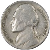 1939 S Jefferson Nickel AG About Good