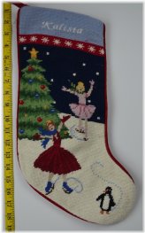 Frosty Skating Wool Needlepoint Christmas Stocking - Monogrammed Kalista