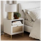 Rattan and Wood Nightstand Side Table