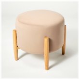 Velvet Round Wooden Leg Pouf - Light Brown