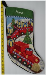 Festive Needlepoint Toy Train Stocking