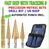 Titanium Step Drill Set with Automatic Center Punch - 4 Piece Set, 1/4 Quick Change