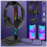 Double Headset Desk Stand with RGB Lighting and USB Ports