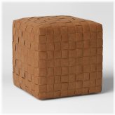 Rustic Woven Leather Cube Ottoman