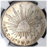 1874-C NGC MS 62 Mexico 8 Reales Culiacan Mint Rare Coin POP 3/2 (24051401C)