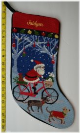 Bicycle Santa Wool Needlepoint Christmas Stocking by Lands End