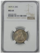 1875-S NGC MS 64 Silver Twenty Cents Coin