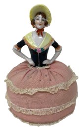 Vintage Porcelain Pin Cushion Doll with Pink Skirt