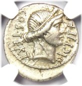 Julius Caesar Ceres Denarius Silver Coin - 46 BC, Certified NGC Choice VF