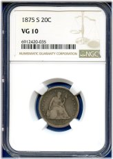 Seated Liberty Silver Twenty Cent Coin - 1875-S NGC VG10